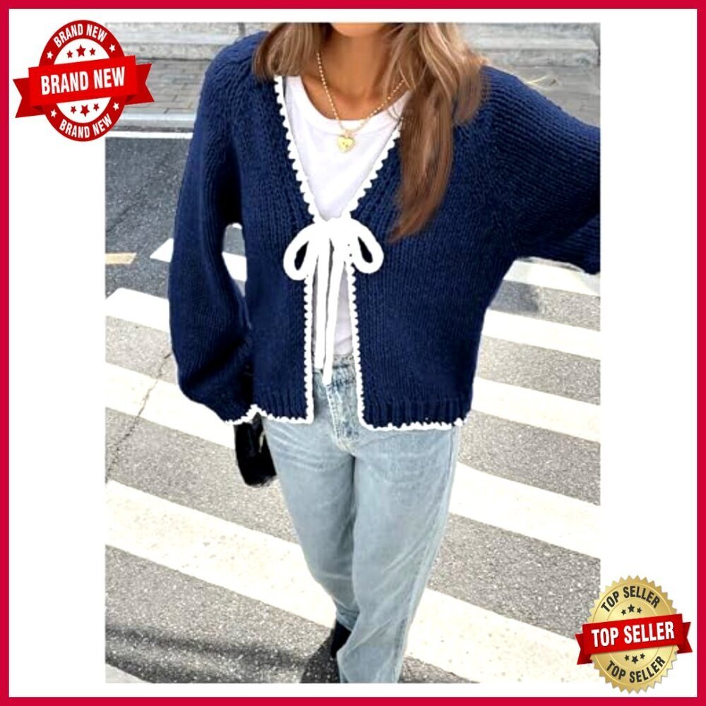 Tie Front Bow Cardigan Cropped Knit Sweater Long Sleeve Cozy Fall Fashion - Picture 4 of 5